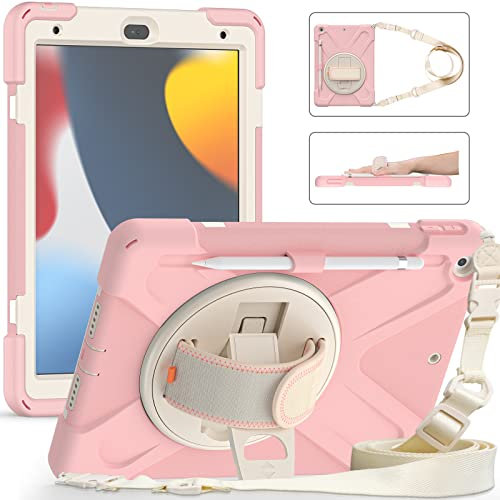 UFinetech Funda iPad 9 Generacion, Funda iPad 10,2 2019, Funda iPad 7ª/8ª Generación Soporte Giratorio 360, Correa de Mano/Hombro, Soporte Lápiz, Funda Antichoque Niños iPad 2021/2020/2019,Sakura Rosa