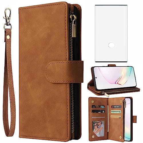 Asuwish Handyhülle für Samsung Galaxy Note 10 Plus Hülle mit Folie Schutzfolie und Kartenfach Klappbar Leder Geldbörse Ständer Reißverschluss Note10+ 5G Note10 + 10+ 10Plus Schutzhülle Case Braun