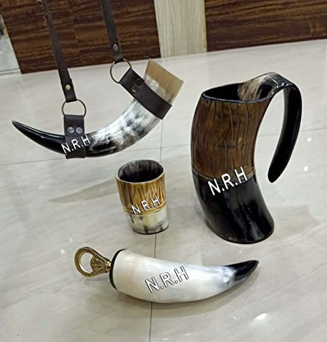 Viking Ox Horn Tasse, Schnapsglas, Horn mit Lederband und Flaschenöffner (4-teiliges Set) Authentischer Ale, Mead und Bierkrug | Natürliches Finish