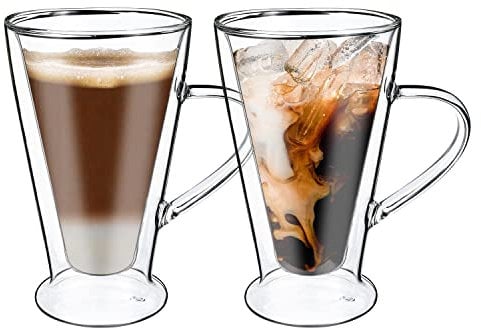 Vinsani CASA Double Walled Coffee Drink Glasses Tea Cup Mug 400ml Set of 2 Heat Cold Resistant Aesthetic Clear Borosilicate Glass with Handle Cappuccino Latte Tea Dessert Hot and Cold Drinks