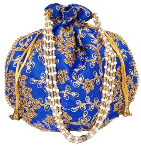 Purpledip Silk Potli Bag (Clutch, Drawstring Purse): Aufwendige Goldfaden & Pailletten-Stickerei Satchel für Damen, Blau (12602D), Blue Vines, Large