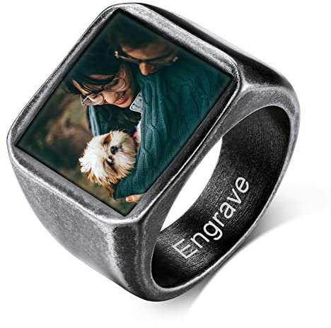 Custom4U Personalisierter Foto Fingerringe für Herren mit Gravur Edelstahl Bild Siegelring Herren Grau mit Textgravur Biker Ehering Verlobungsring Freundschaftsring Memorial Foto Geschenke