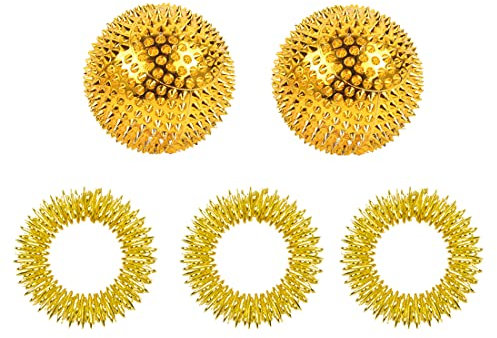 LEEQ Magnetische Akupressurkugeln(Gold), 2 Stück Magnetische Massageball Igelball Und 3 Stücke Massageringe, Akupunktur Massage Kugeln Yoga Ball Zum Stressabbau Massage