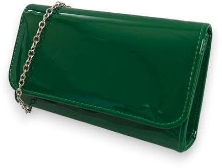 fi9® Pochette da donna in tinta unita, in vernice per matrimoni, feste, balli e serate, Verde scuro, medium