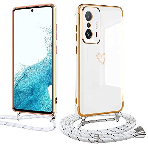 Handyhülle mit Band für Xiaomi Mi 11T / 11T Pro, Handykette Weich TPU Silikon Schutzhülle Kameraschutz Kratzfest Stoßfest Dünn Case Cover, Electroplated Cute Herz Mädchen Hülle,weiß