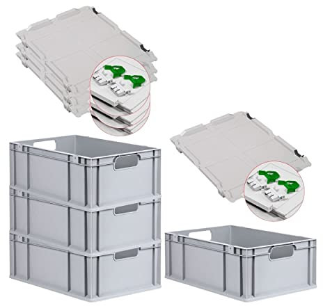 PROREGAL SuperSparSet 4x Eurobox NextGen Economy mit Scharnierdeckel & grünen Verschlüssen | Griffe offen | HxBxT 22x40x60cm | 44 Liter | Eurobehälter Transportbox Transportbehälter Stapelbehälter