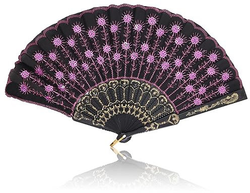 lvzhen Hand Fan Folding, Lace Spanish Fan Peacock Pattern Folding Fan Plastic Handheld Fan for Women Suitable for Wedding Engagement Dancing Birthday Party Cosplay (Pink)