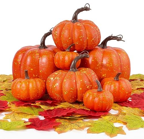 BOFUNX 8pcs Calabazas Artificiales+100pcs Hojas de Arce Falsas Decorativas para Hogar Casa Decoración Fiesta de Cosecha de Otoño Halloween Festival Acción de Gracias Navidad