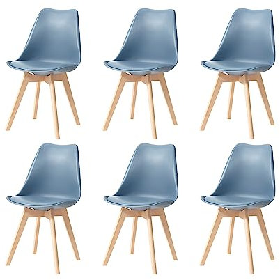 GrandCA HOME Pack de 6 Sillas de Comedor, Silla de Cocina Nórdica, Patas de Madera de Haya, Asiento Tapizado, Sillas Escandinavia para Salón,Azul Marino