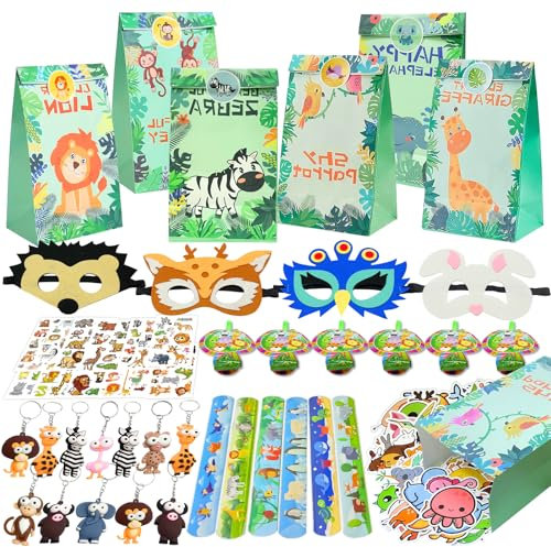 Tiere Party Mitgebsel, Dschungel Party Mitgebsel Set, 140 Stück,Partytüten, Bulk Spielzeug, Schlüsselanhänger, Armband, Wildtiermaske, temporäre Tattoo-Aufkleber usw. vorgefüllte Partytüten