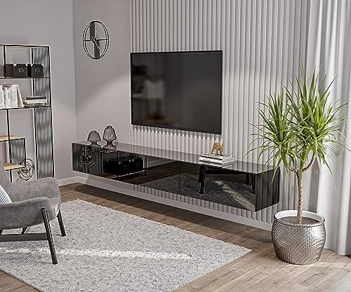 HAJDUK FURNITURE 270 cm Schwarz-Hochglanz TV Lowboard TV Board Hängend Hängeschrank Wohnwand TV Möbel Fernsehschrank Fernsehtisch Sideboard HiFi 270x35x40 cm Holzwerkstoff