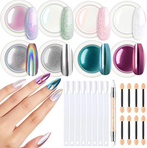 Modelones Chrome Powder for Nails 8pcs, Magic White Pearl Mirror Effect Kit, Holographic Pigment Glitter for Nail Art Decoration