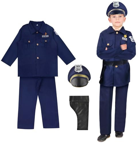 Aomig Polizei Kostüm Kinder, 4 Stück Kostüm Polizei Set mit Polizei-Hut und Gürtel, Deluxe Polizistenkostüm für Jungen, Kostüm Kind Verkleidung für Rollenspiele, Halloween, Festival-Cosplay (L)