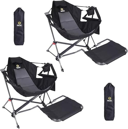 Nice C Chaise hamac de camping, chaise de camping, balancelle, dossier haut avec support, porte-gobelet, poche latérale, robuste (2, noir avec repose-pieds)