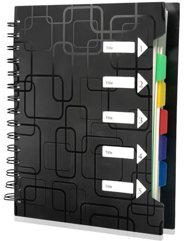 EXIN DEHCEN Notizbuch A5 mit Register, Organisationsmappe, Notizbuch Register A5 Ringbuch Liniert, Notizblock Spiralblock mit Trennwand in 5 Farbe für Arbeit Office (240 Blatt/120 Seiten, Schwarz)