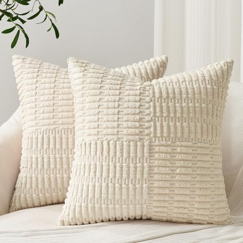 Topfinel Kissenbezug 40x40 Beige 2er Set Kordsamt Zierkissenbezüge Sofakissen Dekokissen Boho Kissenbezüge CouchKissen Kissenhüllen Patchwork Design für Sofa Schlafzimmer Wohnzimmer