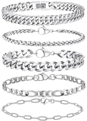 Cinsersr 5 Stück Edelstahl Armband Herren, Stapelbares Herren Armband Edelstahl Armbänder für Herren Armband Herren Silber Herren Schmuck, Silberarmband Herren Geeignet für Papa und Freund
