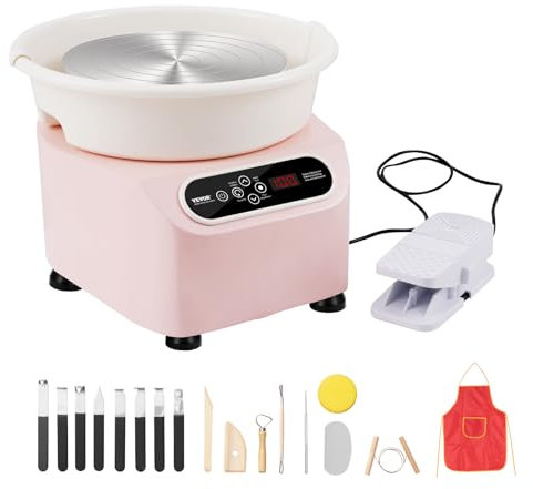 VEVOR Töpferscheibe, 28 cm Töpferformmaschine, 350 W elektrische Töpferscheibe mit Pedal und LCD-Touchscreen, Direktantrieb-Keramikscheibe mit Formwerkzeugen für Heimwerker-Kunsthandwerk, Rosa