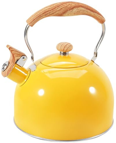 GGC Whistling Tea Kettle for Stove Top, 85OZ/2.6QT Stainless Steel Tea Kettles for Boiling Water Milik or Coffee, Yellow Tea Pots with Wood Pattern Folding Handle, Thumb Design Control Kettle Outlet