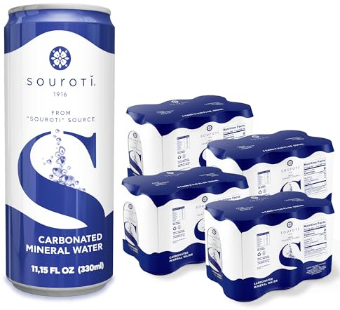SOUROTI Eau minérale gazéifiée pétillante non aromatisée | Boisson saine riche en minéraux et oligo-éléments | Lot de 24 boîtes de 330 ml | Importé de Grèce (24 canettes)