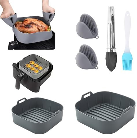 NCCHDZSW 6 PCS Moule Silicone Air Fryer Set avec 2 Moule Air Fryer pour 2 Gants Silicone 1 Pinces en Silicone et 1 Brosse en Silicone, Silicone Air Fryer pour Friteuse Air Micro-ondes Four
