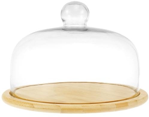 Cake Stand with Dome Lid, 360° Rotating Wood Cake Plate with Clear Acrylic Cake Dome for Cakes, Pastries, Cheese Boards, 27cm Round Flat Cake Display Stand for Birthday, Wedding, Party, Café