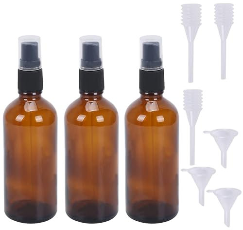 Luabue 3PCS Pulverizador Cristal Marrón de 100ml Botellas de spray de vidrio ámbar vacías Spray Cristal con Cabezal Pulverizador con Embudo y Cuentagotas para Perfumes Masajes y Líquidos