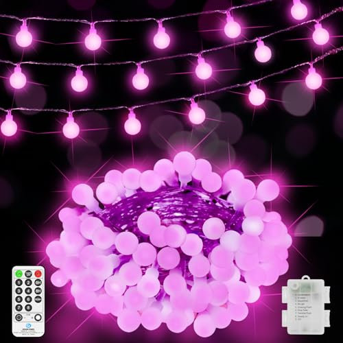 JXLEDAYY 12 M 100 LED Fairy Lights Outdoor Waterproof Globe String Lights Battery Operated Christmas Lights with Remote 8 Modes for Valentine's Day Bedroom Patio Garden Party Indoor Decorations Pink