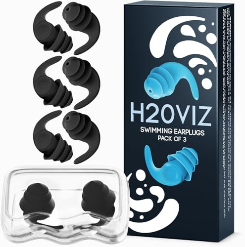 H20VIZ Pro Swim Ear Plugs | 3 Pairs | Waterproof, Reusable Silicone Earplugs for Swimming, Surfing, Snorkeling & All Water Sports (Black, 3 Pairs)