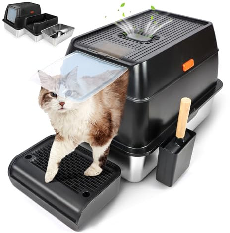 Kalolary Stainless Steel Cat Litter Box with Lid, Enclosed Removable Metal Litter Tray for Large Cat, High Sided Enclosure, Scoop, Pedal, Non-Sticky, Easy Cleaning (Black)