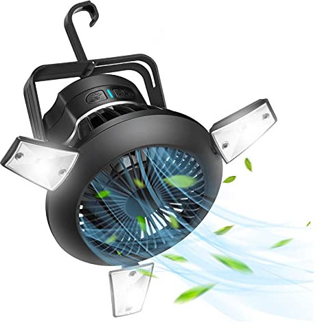 Rechargeable Tent Fan with Lights, Solar Fan with Hanging Hook, Portable LED Camping Lantern with Ceiling Fan, Battery Powered Fan for Camping, Fishing, Hiking, Outdoor