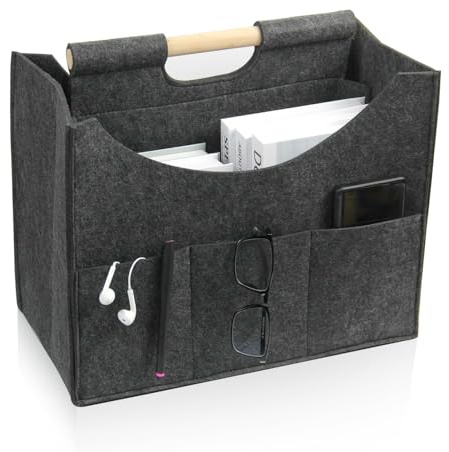 Newspaper Rack， Moderner Filz Zeitschriftenständer, 3-Aufbewahrungstaschenfaltbarer und abnehmbarer großer Filz Zeitungskorb Aufbewahrungsständer, Massivholzgriff, Größe 38x20x30cm (dunkelgrau)