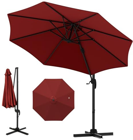 GOPLUS Parasol Deporte 3x3M, Parasol de Jardin Exterieur Pivotant à 360°, avec Poteau en Aluminium, 5 Angles d'Inclinaison Réglables, Protection Solaire, pour Balcon Terrasse Plage (Rouge)