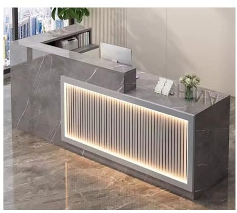 L-Förmiger Rezeptionstheke ，Große Empfangstheke,Empfangstheke Rezeption ，Empfangstisch Einfach， Supermarkt Convenience Store Beauty Salon，Mit LED-Licht(A12,L59in)