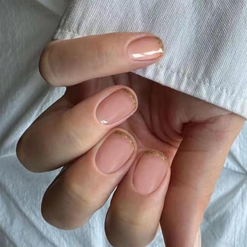 24pcs Short False Nails with Glitter Gold Edge Press - on Nails Set, French - Style Short Square round False Stick on for Women, Fake with Tool, Nail Art Accessories