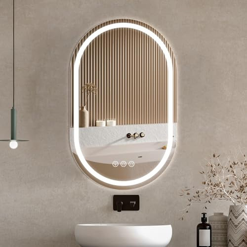 Ratsamee Ovaler Badspiegel mit Beleuchtung LED, 50x80cm Spiegel mit Light, Wandspiegel Oval mit Frontbeleuchtung, Antibeschlagfunktion, Dimmbar, mit 3 Einstellbaren Lichtfarben