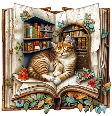 Holzpuzzle Erwachsene und Kinder,Cat in The Book Unregelmäßig Einzigartige Wooden Puzzle, Holz Puzzle Erwachsene Mit Geschenkbox Aus Holz (L-270 Stück)