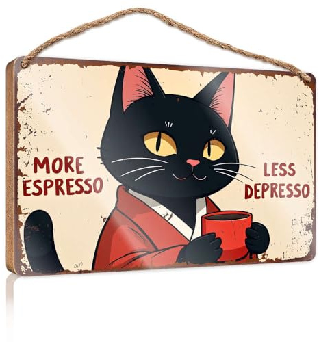 Dekoschild zum Aufhängen, Aufschrift More Espresso, Less Depresso – Cat's Coffee Fix Holzschild, lustige Heimdekoration, lustige Badezimmer-Dekoration (20 x 30 cm)