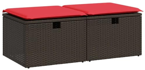 SDWEHBJ 2-Teilige Outdoor Hocker Set, PE Rattan Fußhocker mit Stauraum und Kissen, Outdoor Gartenhocker Fußstütze für Balkon, Terrasse, Braun Poly Rattan Akazie
