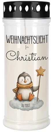 private grief Grablicht Trauerkerze mit persönlicher Beschriftung (Pinguin zu Weihnachten, 7,5 cm x 21 cm (Ø/H))