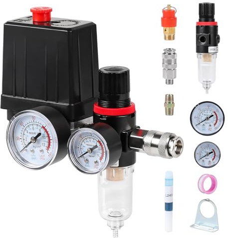SWAWIS 240V Druckschalter Kompressor mit Wasserabscheider | 1/4 Zoll Anschluss, 11,5mm Gewindegröße, mit Manometer Sicherheitsventil Kupplungen, 90-175PSI Kompressor Ersatzteile