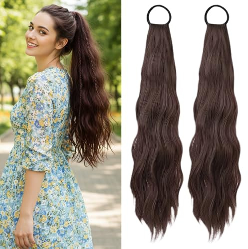 2 Pcs Haarverlängerung Zopf Dunkelbraun 45cm Hair Extensions Zopf, Haarteil Pferdeschwanz Süßes Kühles Lässiges Gestuftes Natürliche Locken mit Gummizug für Täglichen Gebrauch Besondere Anlässe