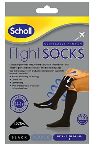 Scholl Comfortable Flight Socks - Compression Stocking for Travel - Enhances Blood Circulation - Reduces Swelling on Long Flights - Cotton Feel - Black - Size 3-6, 1 Pair