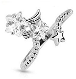 Bungsa Nagelring Stern mit Zirkonia Kristallen Nail Ring Zehenring für Damen silber (Zehring Fussschmuck Fussring Toe-Ring Mittelring Nagelring biegbar verstellbar)
