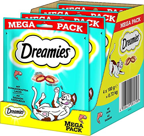 Dreamies Katzensnacks Katzenleckerli Klassiker mit Lachs, 4 Packungen (4 x 180g)