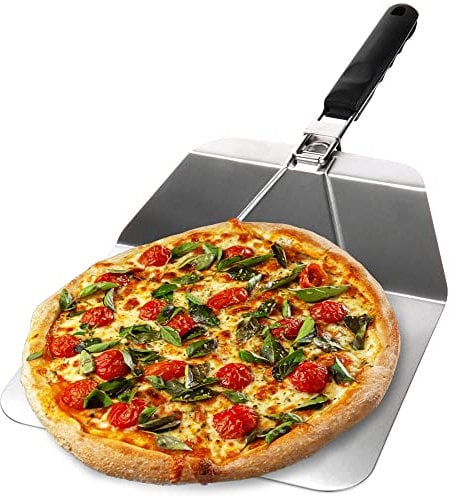 com-four® Pala per pizza in acciaio inox - pala per pizza e torta con manico pieghevole - spingipizza per pizza, tarte flambée, panini e pane (color argento/nero - angolare)