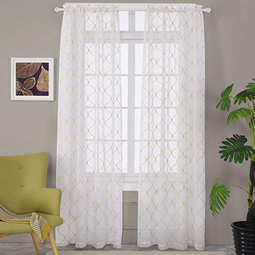 MYSTIC-HOME Transparente Vorhänge, goldfarben, bestickte Wellen-Diamant-Fensterdekorationen, Gardinen, Halb-Crinkle-Voile-Vorhangpaneele, 2er-Set, gewelltes Beige, 132,1 cm B x 241,9 cm L