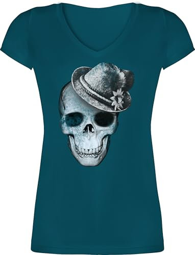 T-Shirt Damen V Ausschnitt - Kompatibel Oktoberfest - Totenkopf mit Filzhut - M - Türkis - mädchen trachtenshirt Trachten-Tshirt bayrische Skull Tshirt Shirt trachtenshirts bayrisch bayernhut