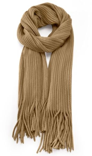 Anjing Schal Damen mit Fransen, Kaschmir Gefühl Schals Kuschelige Warme Winter Schal Dick Einfarbig - Khaki