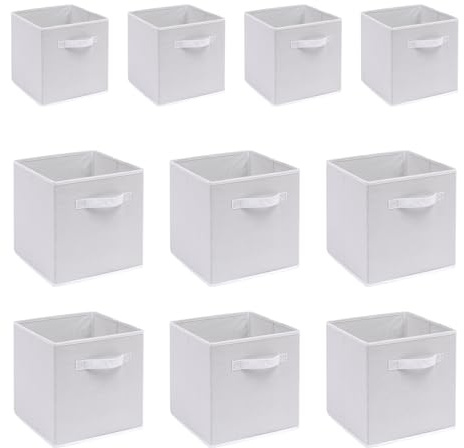 BOJU 10pcs Unit Storage Box Cube Wardrobe Storage Organiser Canvas Storage Box Bin Fabric Collapsible with Handle for Kids Toys Clothes Laundry Underwear Bedroom (White, ×10)